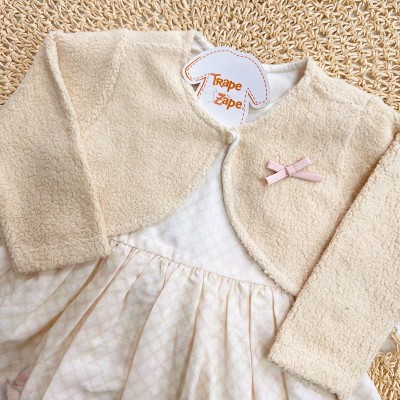 Conj. Bolerinho de Pelinho e Vestido Ursinhas - Rosa Bebê e Off White